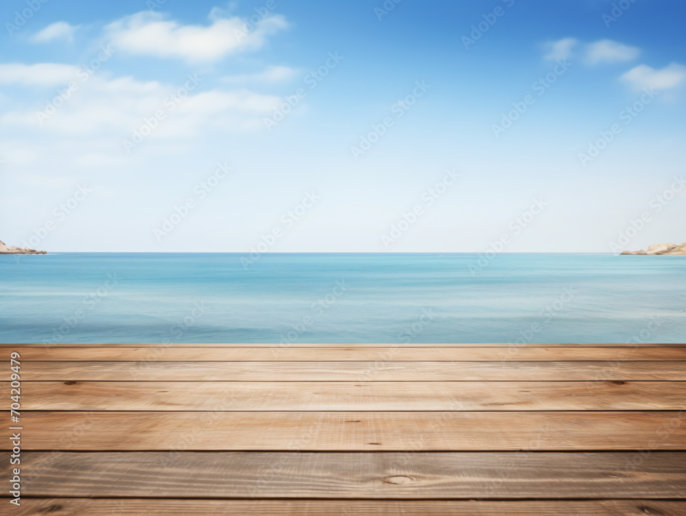Wooden dock over calm blue ocean with distant rocky islands and fluffy white clouds in the bright blue sky