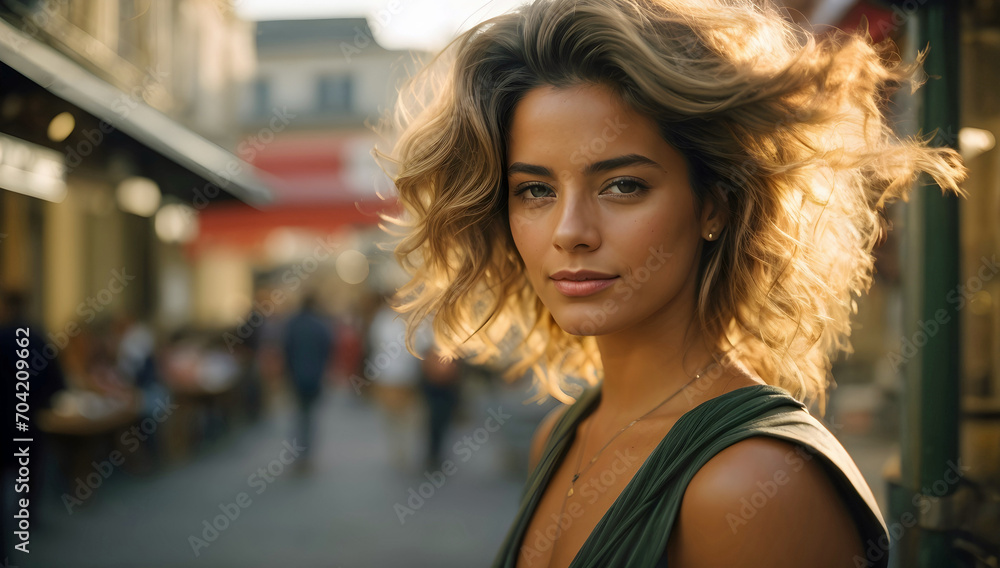 Alluring Brown Haired Woman on a Quiet Street in the Afternoon Bokeh Background Generative AI