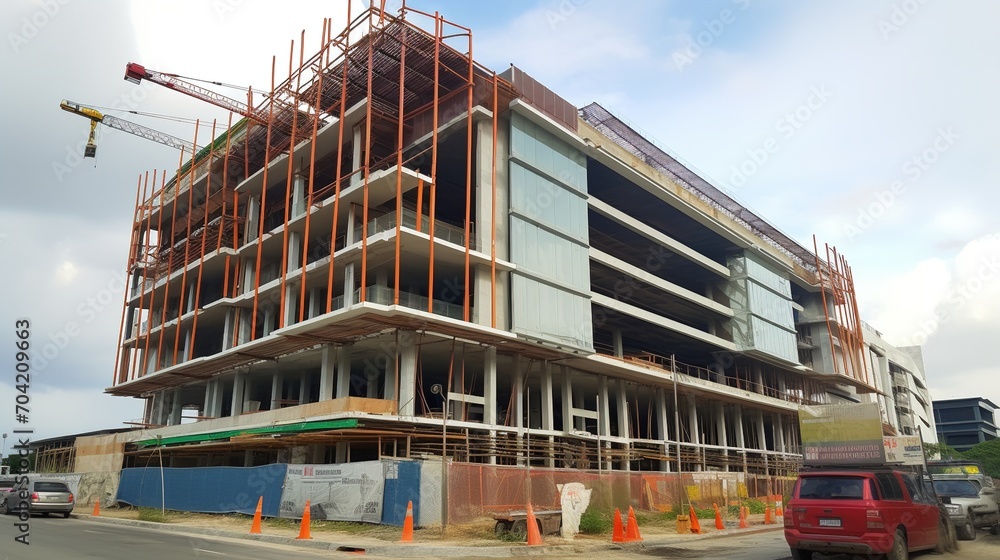 A building under construction with a red crane and scaffolding