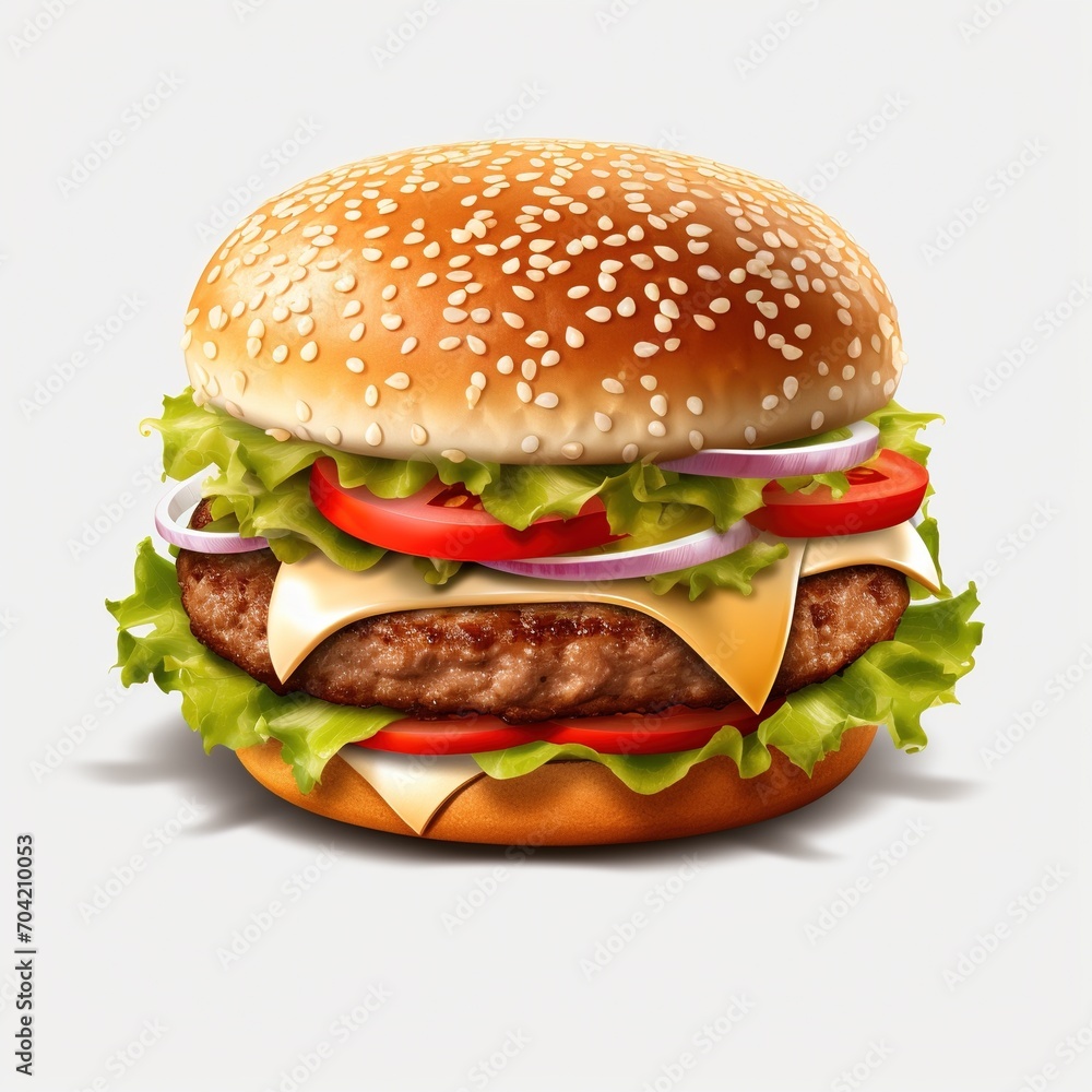 A cheeseburger with lettuce, tomato, and onion on a sesame seed bun