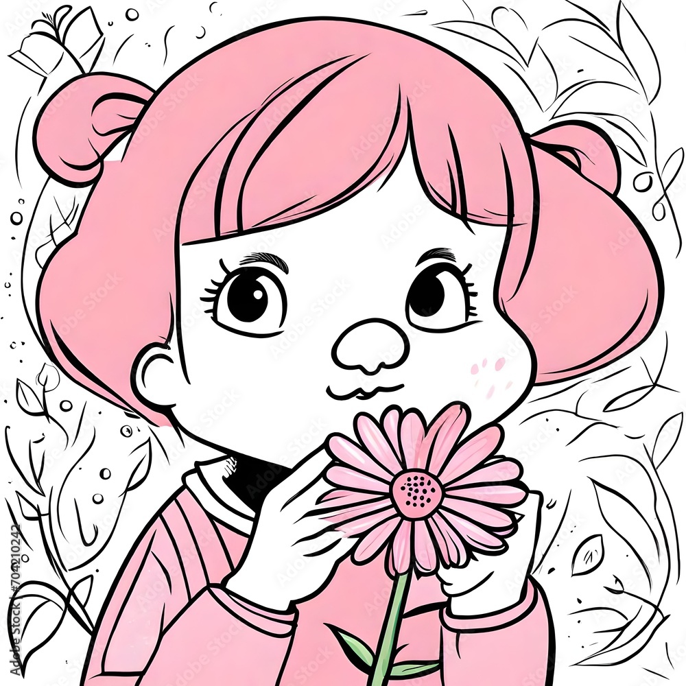 Simple cute cartoon drawing of a  little girl smelling  a flower in the style of a  Children's book. bold outlines, white and pink colors 