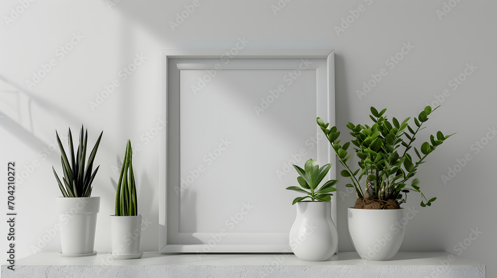 Portrait blank white picture frame on desk or with plant decoration, isolated on white background, mockup. copy space.	