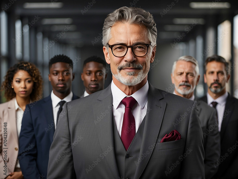 A mature senior executive in suit leading a team of managers