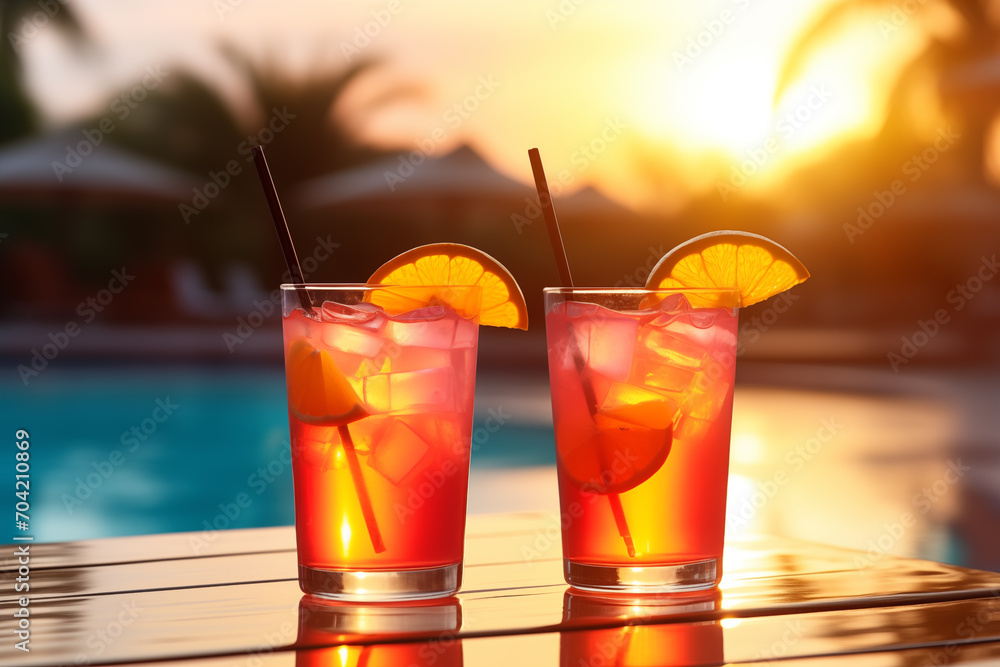 Two tequila sunrise cocktails by swimming pool. Drinks poolside on summer holidays in hotel or villa