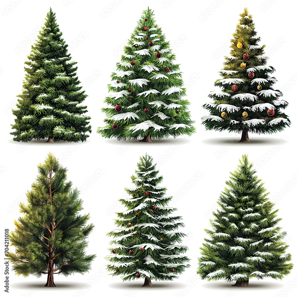 Fototapeta premium Isolated pine tree on white, Festively decorated Christmas tree with snow