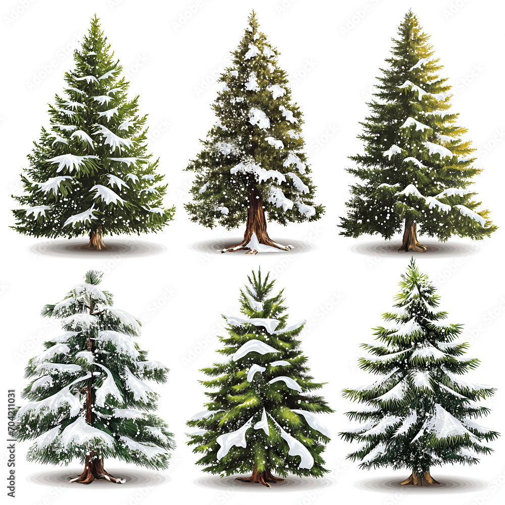 Isolated pine tree on white, Festively decorated Christmas tree with snow