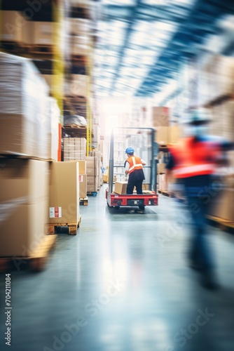 Warehouse workers in motion blur moving boxes with a forklift © duyina1990