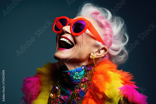 Happy senior woman in colorful neon outfit, funny sunglasses and extravagant style, laughing and smiling, trendy grandma posing in studio