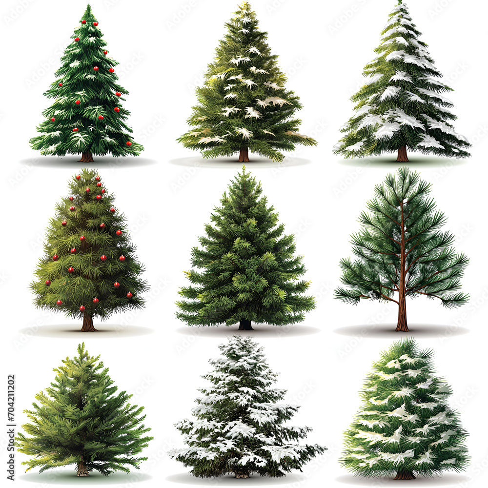 Fototapeta premium Isolated pine tree on white, Festively decorated Christmas tree with snow