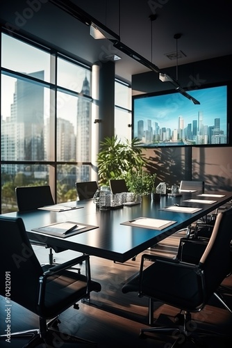 Modern conference room interior with city view photo