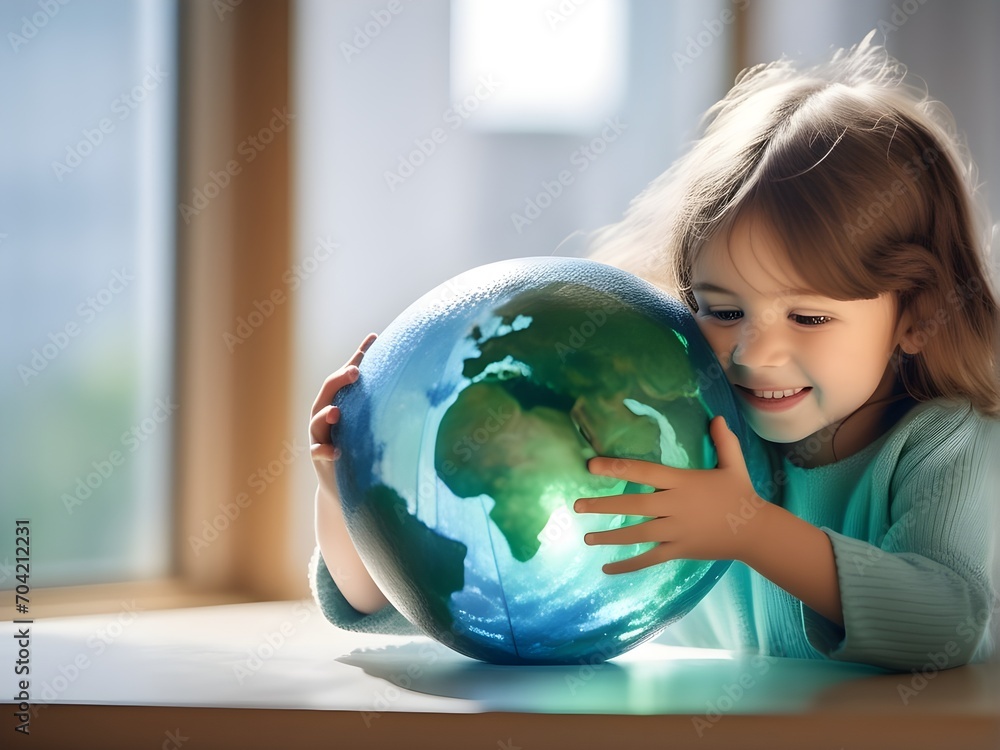 World Earth Day Celebration : A baby girl passionately hugging a model of Earth Sphere giving the message to protect and love the earth and environment World Earth Day Celebration : A baby girl passionately hugging a model of Earth Sphere giving the message to protect and love the earth and environment