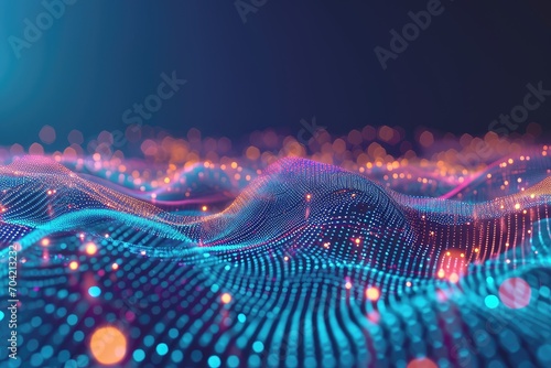 Aesthetic and connected smart city concept with abstract dot points, gradient lines, and intricate wave design, big data technology photo