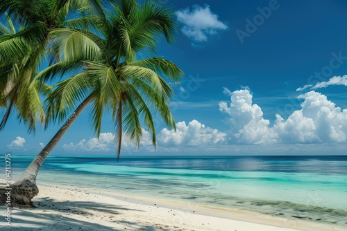 Beach paradise with coco palms  turquoise water  and an expansive blue sky