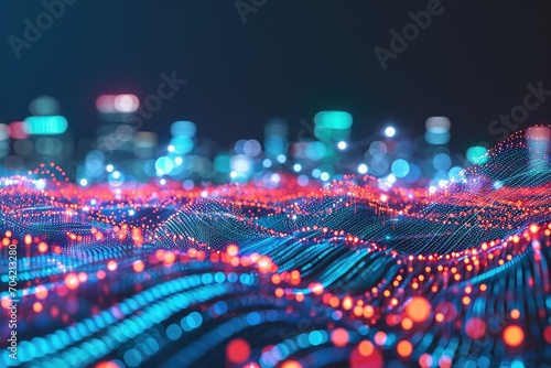Big data streams flowing through a smart city, abstract dot points linked with gradient lines and intricate wave line design