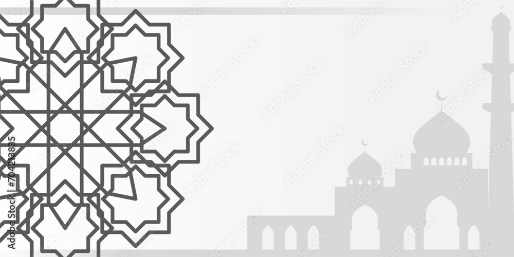 Islamic gray background, with mandala ornament and mosque silhouette. vector template for banner, greeting card for Islamic holidays.