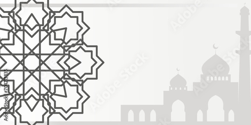 Islamic gray background, with mandala ornament and mosque silhouette. vector template for banner, greeting card for Islamic holidays.