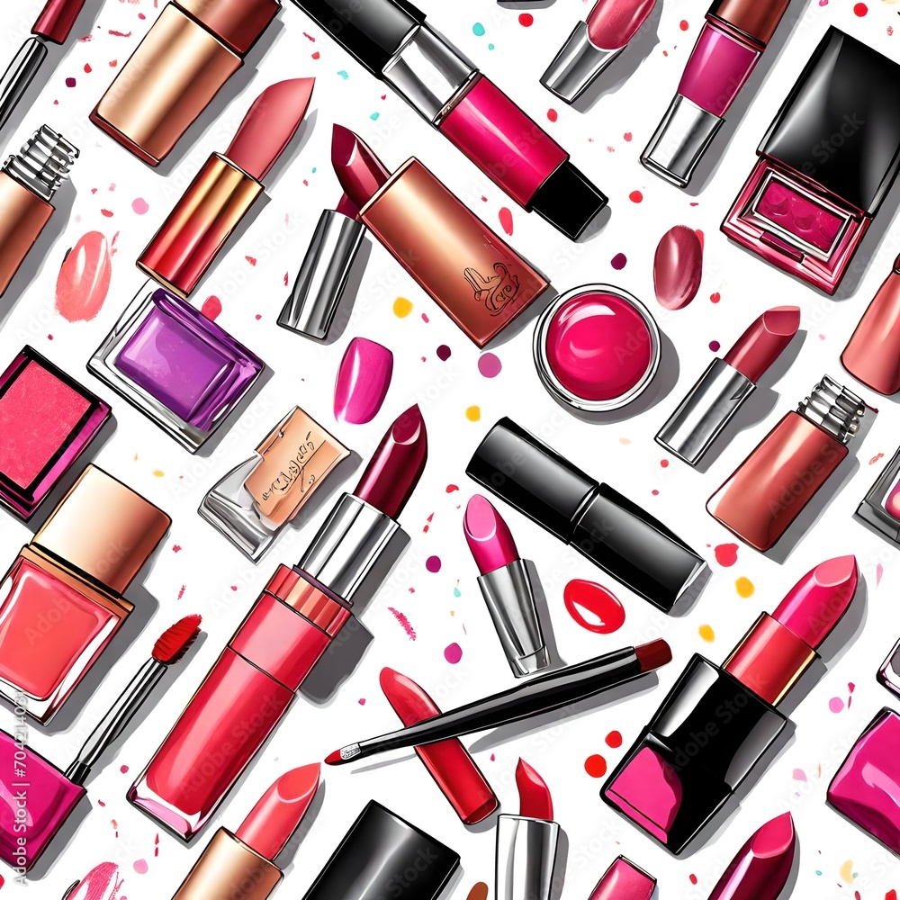 Obraz premium Vector style illustration. drawing of a collage of different lipsticks, makeup brush, nail varnish, compact, blush, eye shadow, eye and perfume repeating pattern