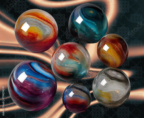 Shiny multi-colored glass marbles with a light orange satin background