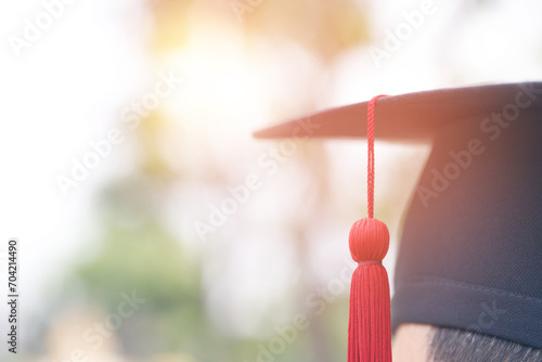 graduation, close up student hats in during commencement success graduates of the university, Concept education congratulation. copy space banner. photo