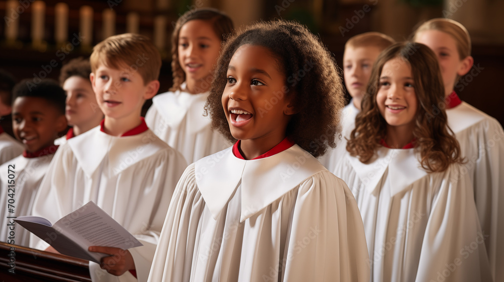 Kids choir singing during church service on Easter Sunday. Kids choir singing during church service on Easter Sunday.