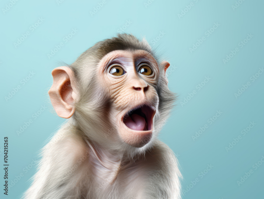 Close-up view of shocked monkey face from side isolated on blue background