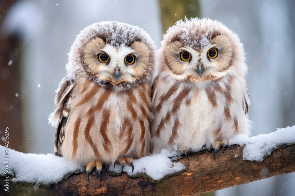 Obraz premium Two lovely cute owl stand together on tree in Winter