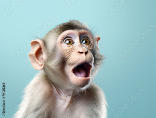 Close-up view of shocked monkey face from side isolated on blue background