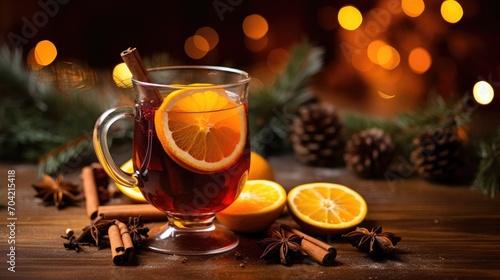 A glass of hot mulled wine with orange and spices on the table with winter decorations.