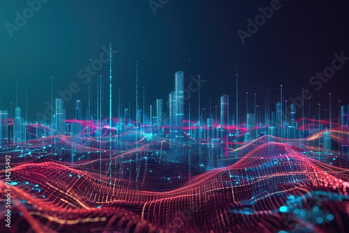 Abstract dot points and gradient lines over a smart city, creating an intricate wave line design, symbolizing big data technology connections photo