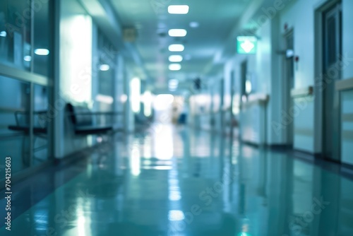Blurry background of a hospital corridor with emergency signs, clinical urgency