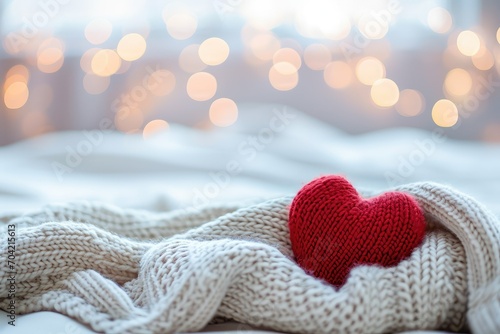 Blurred Valentine's Day background featuring a cozy knit blanket, warmth of love, horizontal with copy-space