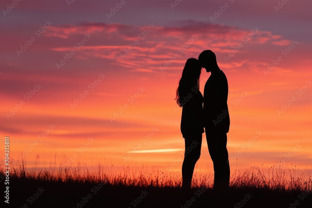 Couple's silhouettes against a Valentine's Day sunset background, horizontal with copy-space