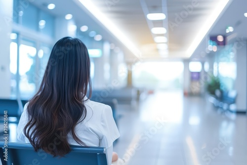 Defocused image of a hospital waiting area with an Asian businesswoman, abstract business healthcare blend photo