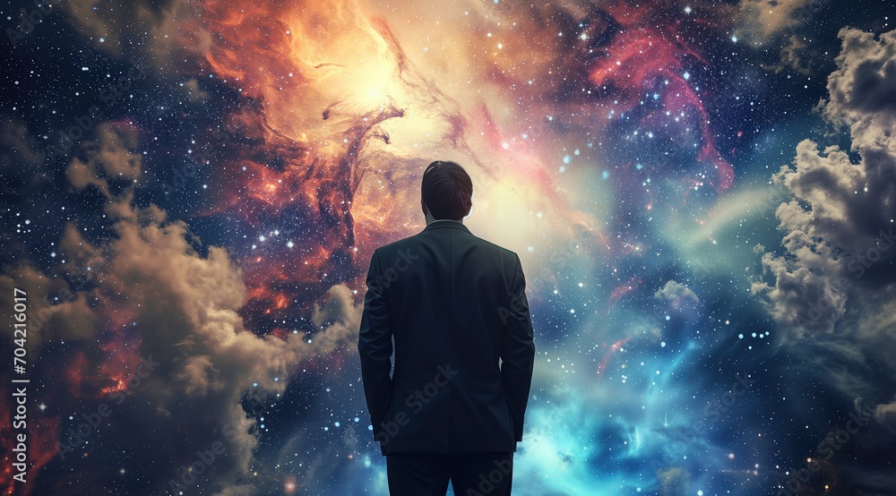Obraz premium abstract of Businessman's Vision for the Future, silhouette of businessman in a suit observing the light of space, man looking at a star in outer space concept