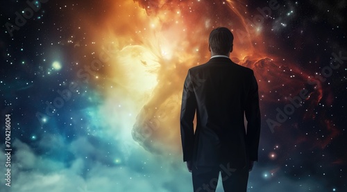 abstract of Businessman's Vision for the Future, silhouette of businessman in a suit observing the light of space, man looking at a star in outer space concept
