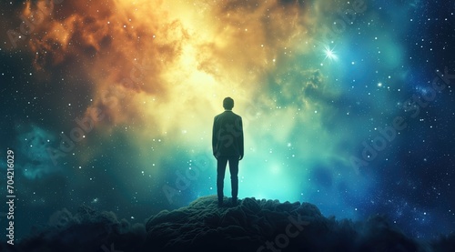 abstract of Businessman's Vision for the Future, silhouette of businessman in a suit observing the light of space, man looking at a star in outer space concept © banthita166