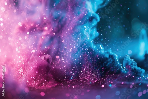 Glitter ink swirl with magic air wave, intro overlay of neon blue pink sparkling dust mist on dark abstract background, shot on RED Cinema camera