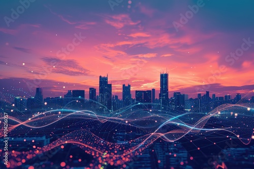 Gradient line and intricate wave design in smart city concept, abstract dot point connections, big data technology landscape photo