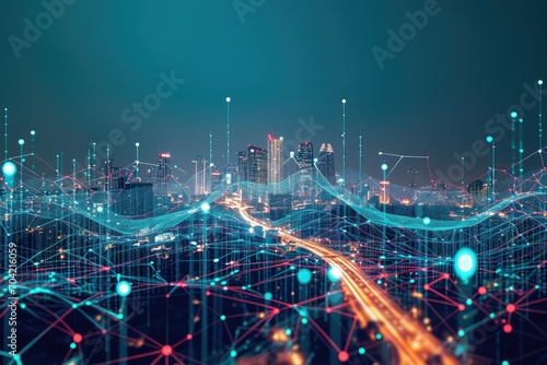 Gradient line connectivity in smart city, abstract dot point network with intricate wave line design, big data concept