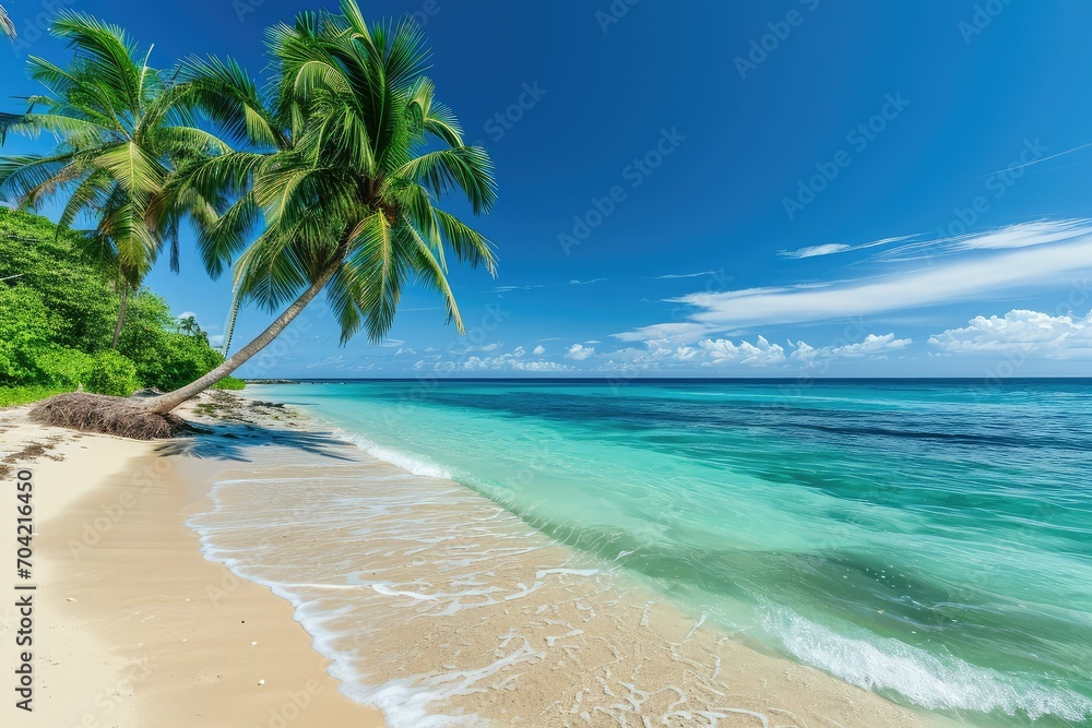 Paradise beach with coco palms, vibrant turquoise water, and a clear blue sky