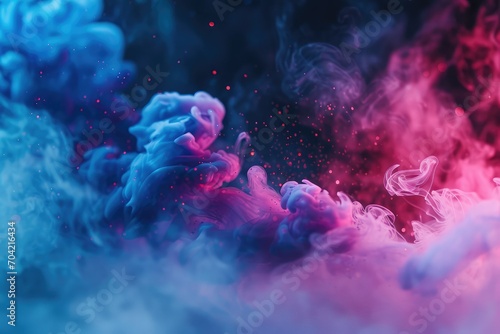 Neon blue pink sparkling dust mist flow, dark abstract background with color smoke texture and glitter ink swirl, shot on RED Cinema camera © Lucija