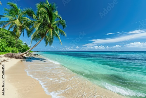 Paradise beach with coco palms  vibrant turquoise water  and a clear blue sky