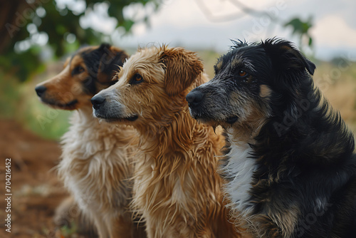 Tres perros sentados en fila mirando fijamente a un costado 