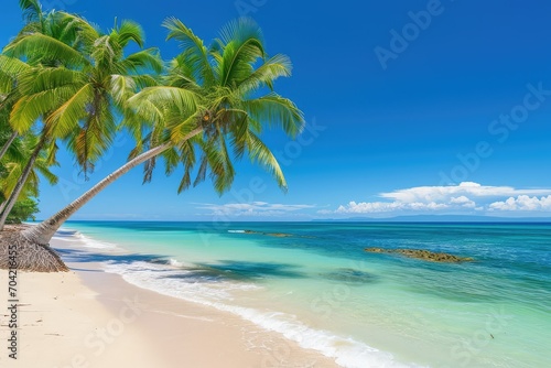 Picturesque beach with coco palms, turquoise water, and a cloudless blue sky
