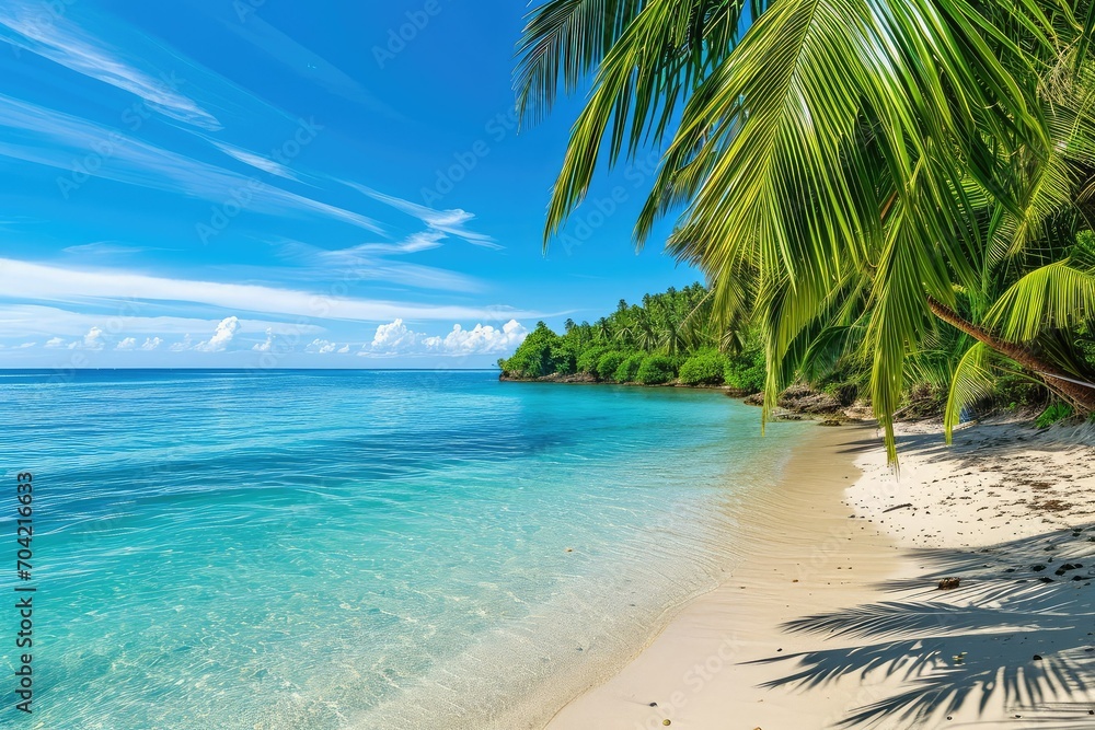 Fototapeta premium Secluded tropical beach with coco palms, shimmering turquoise water, and a clear blue sky