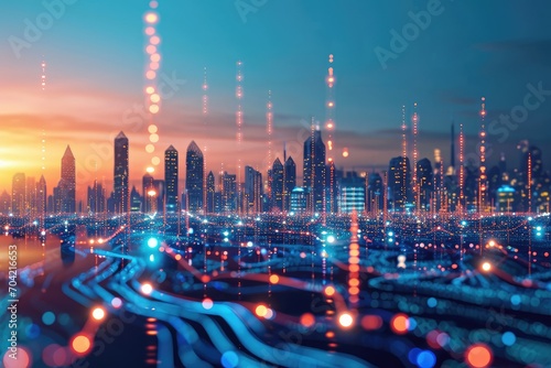 Smart city architecture with interconnected abstract dot points, gradient lines, and intricate wave line design, big data technology concept