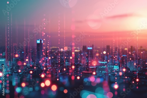 Smart city network with abstract dot point gradient connections, intricate wave line design, and big data technology concept