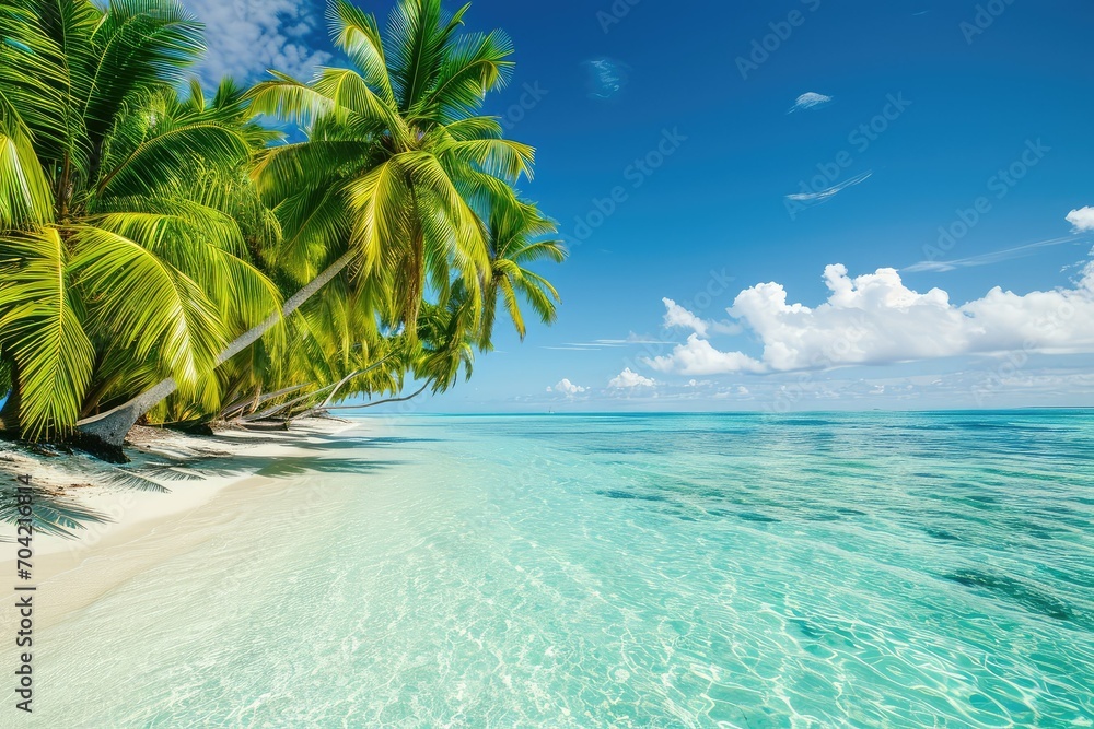 Tropical oasis with coco palms on a beach, crystal-clear turquoise water, and a deep blue sky