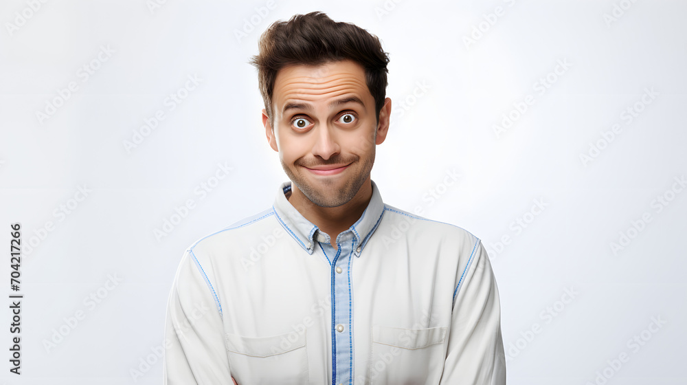 attractive young adult making funny face with eyes wide open, engaging face expression, with blank white background. attractive young adult making funny face with eyes wide open, engaging face expression, with blank white background.