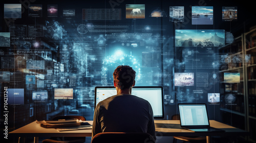 Man sitting in front of a computer, social media and networking concept background.